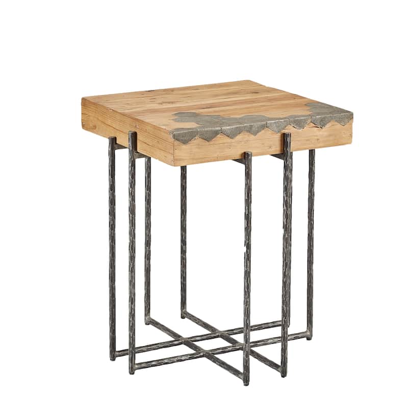Hamburg Geometric Blue Stone & Pine End Table with Iron Base