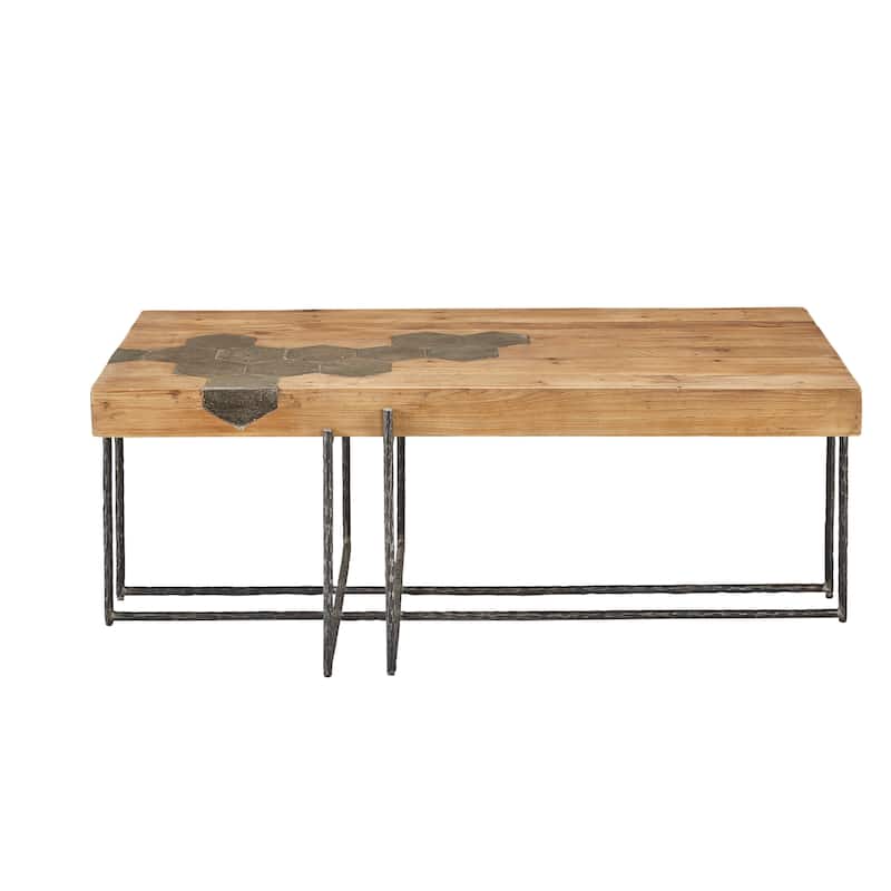Hamburg Geometric Blue Stone & Pine Coffee Table with Iron Base