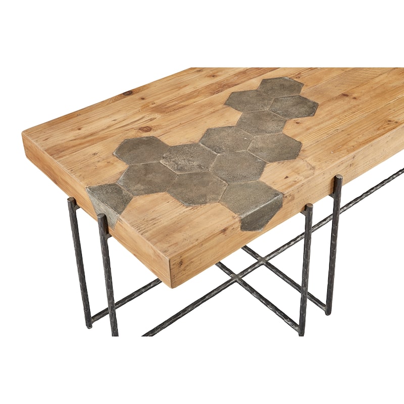 Hamburg Geometric Blue Stone & Pine Coffee Table with Iron Base