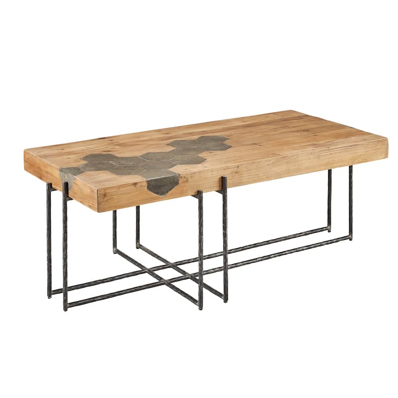 Hamburg Geometric Blue Stone & Pine Coffee Table with Iron Base