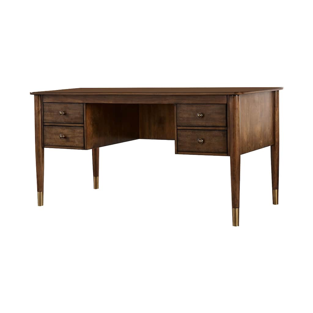Wooden Desk with 4 Drawers and Metal Toed Feet, Brown and Gold