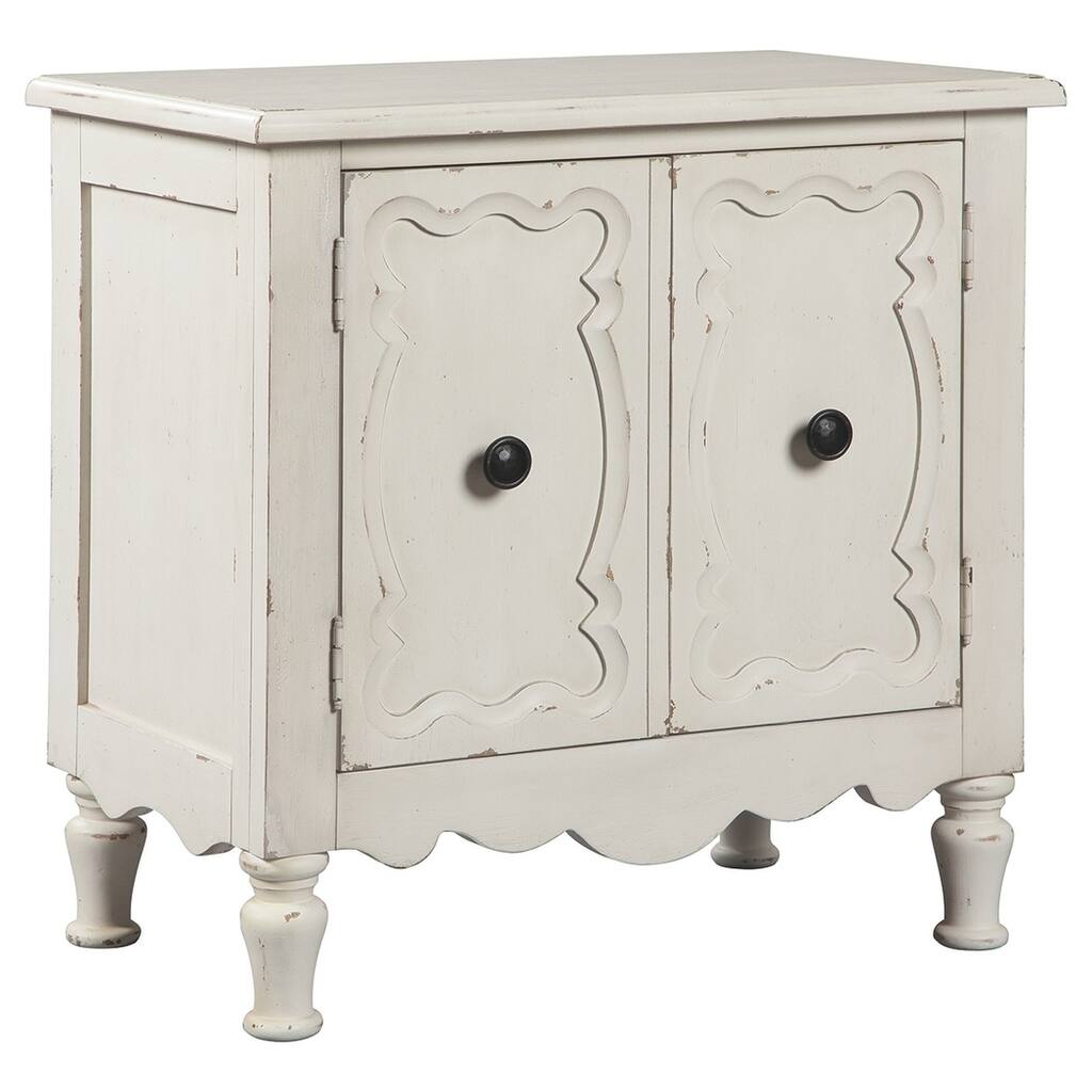 Wooden Accent Cabinet with Carved Design on Doors, White
