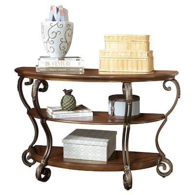 Wood and Metal Sofa Table with Acanthus Leaf Carvings, Brown and Bronze