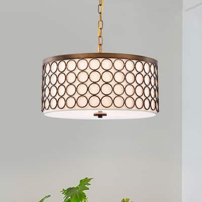 Tessa Satin Bronze 3-Light Drum Chandelier with Geometric-Patterned Metal Frame