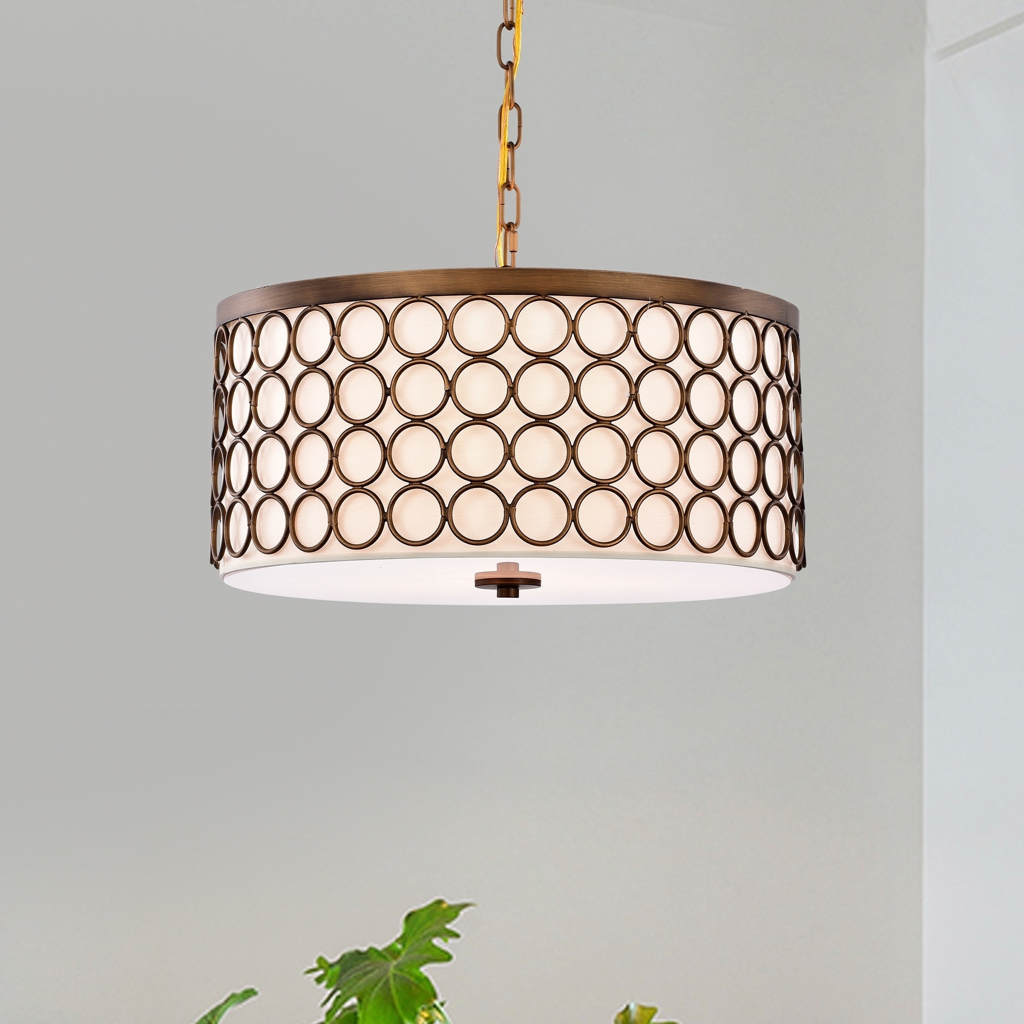 Warehouse of Tiffany Tessa Satin Bronze 3-Light Drum Chandelier with Geometric-Patterned Metal Frame