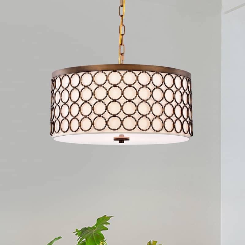 Tessa Satin Bronze 3-Light Drum Chandelier with Geometric-Patterned Metal Frame