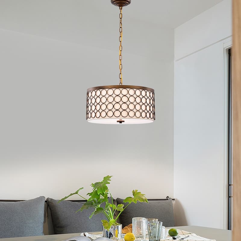 Tessa Satin Bronze 3-Light Drum Chandelier with Geometric-Patterned Metal Frame