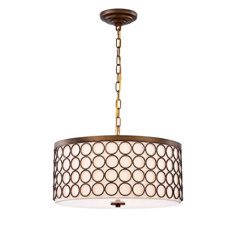 Tessa Satin Bronze 3-Light Drum Chandelier with Geometric-Patterned Metal Frame
