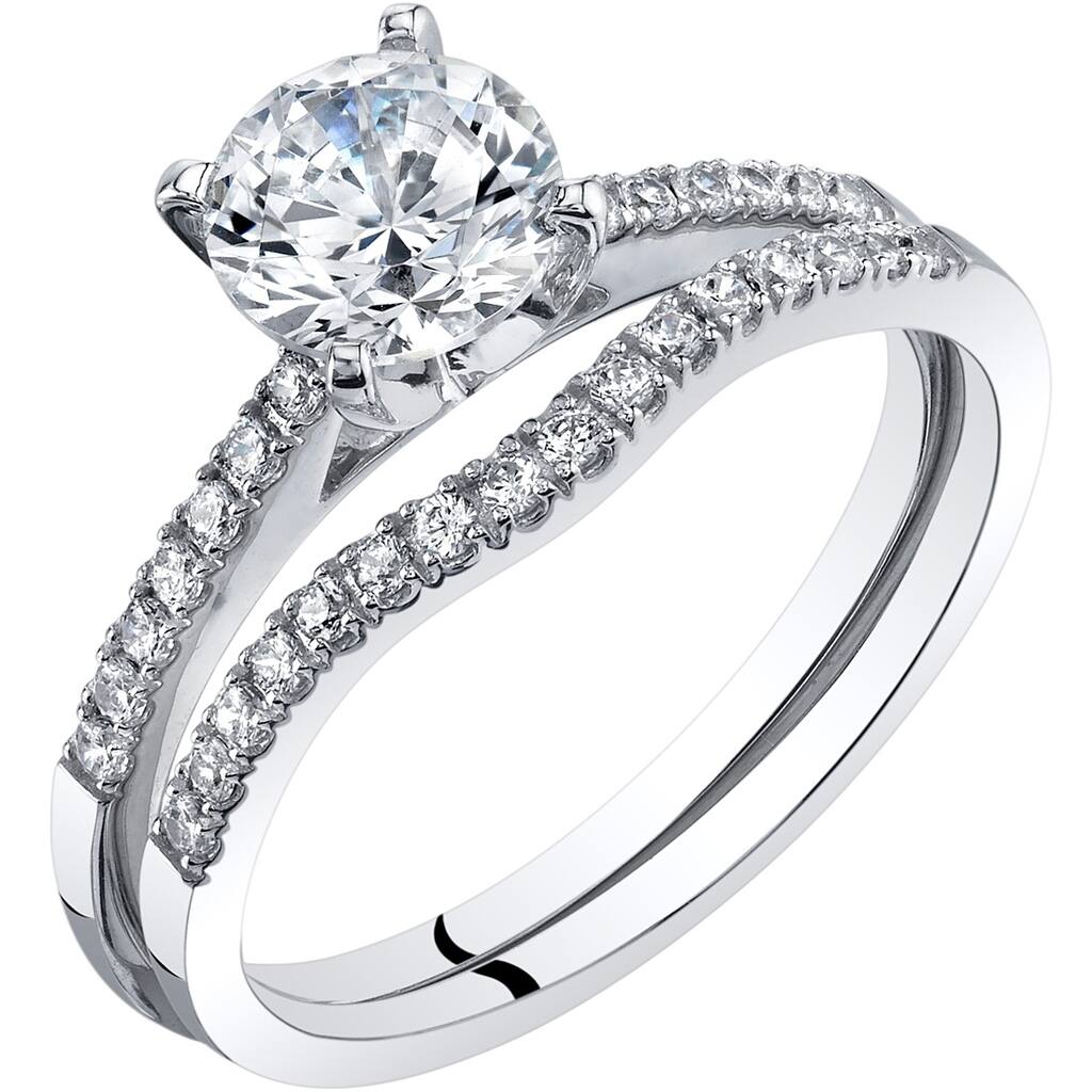 14K White Gold Classic Engagement Ring and Wedding Band Bridal Set