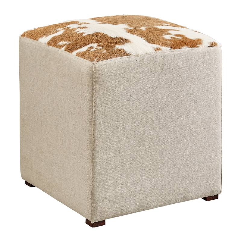 Midland Americana Hair on Hide Square Leather & Linen Ottoman