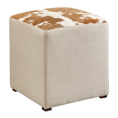 Midland Americana Hair on Hide Square Leather & Linen Ottoman