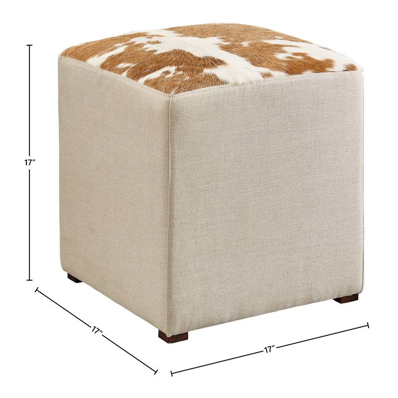 Midland Americana Hair on Hide Square Leather & Linen Ottoman