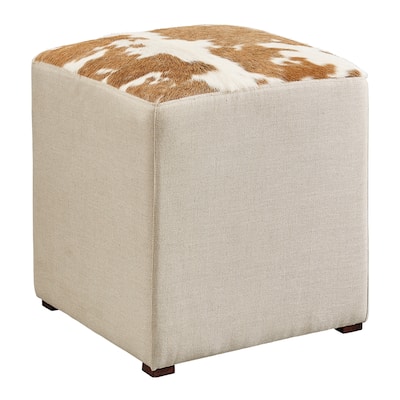 Midland Americana Hair on Hide Square Leather & Linen Ottoman