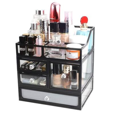 Makeup Organizer Glass, Makeup Beauty Storage for Cosmetic and Brushes, 3 piece, Black