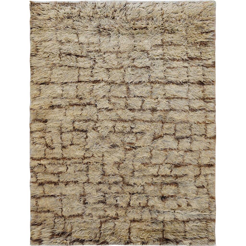 Brown Checkered Modern Plush Shaggy Moroccan Area Rug Hand-Knotted - 5'9" x 8'6"