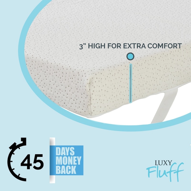 LuxyFluff 3-Inch Gel-Infused Memory Foam Mattress Topper with Ventilated Removable Washable Bamboo Cooling Cover, Corner Straps