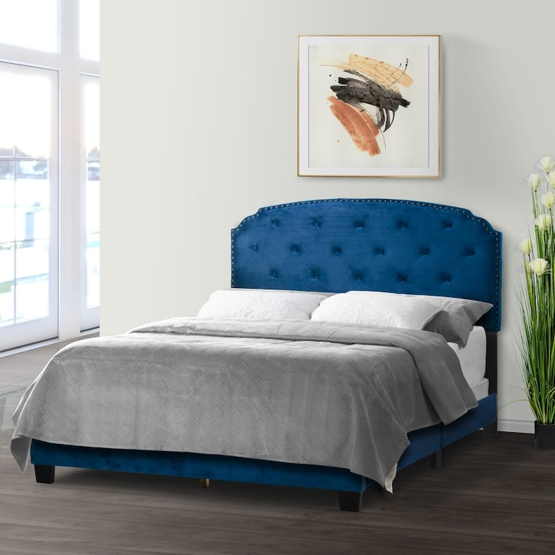 Arin Navy Blue Velvet Queen Bed Button Tufting and Black Nail Head