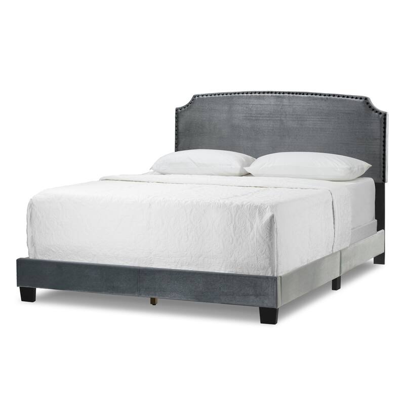 Arezo Silver Grey Velvet Queen Bed with Black Nail Head Trim