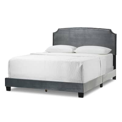 Arezo Silver Grey Velvet Queen Bed with Black Nail Head Trim