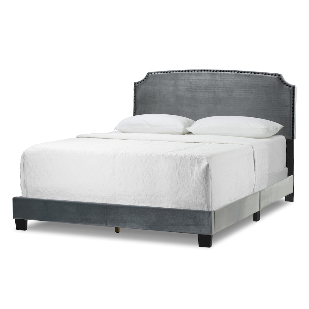 Arezo Silver Grey Velvet Queen Bed with Black Nail Head Trim