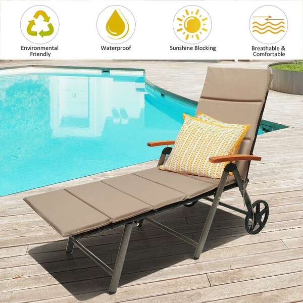 outdoor rattan lounge chair folding patio chaise chair with wheels