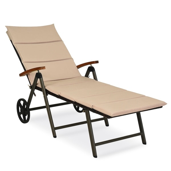 outdoor rattan lounge chair folding patio chaise chair with wheels