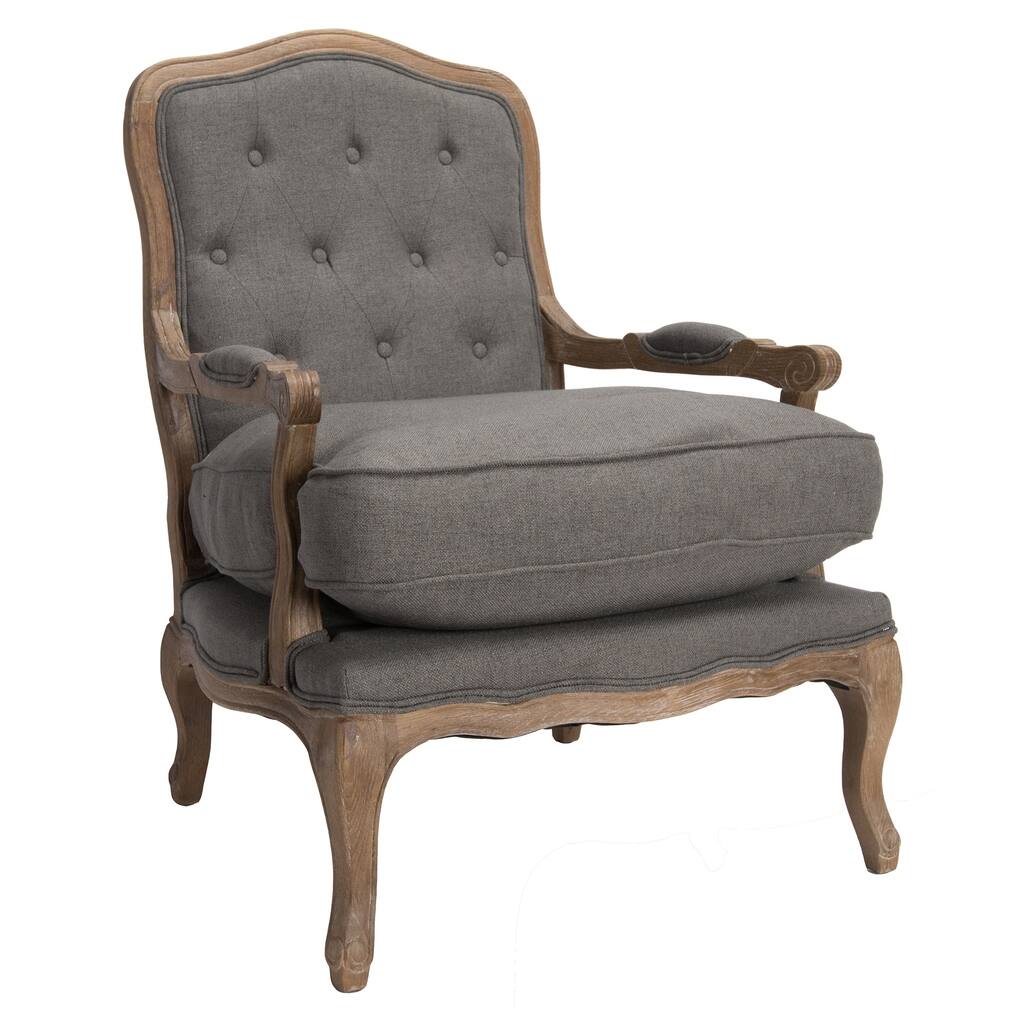Wooden Club Chair with Button Tufting and Pillow Seat, Gray and Brown
