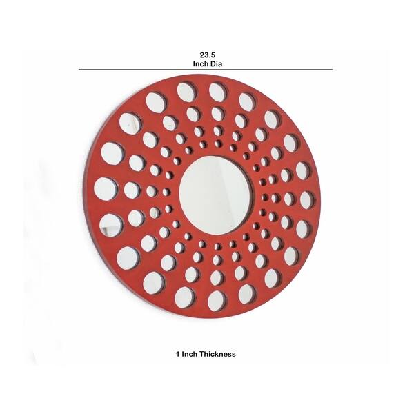 Contemporary Wooden Round Wall Decor with Circle Cut Outs, Red and