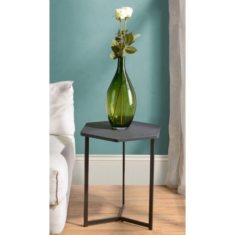 Dark Wood Finish Top Hexigon Side Table with Metal Base - Brown