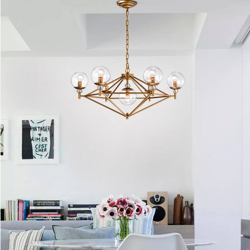 Paulita Matte Gold Clear Glass Shade Pendant 7 Light