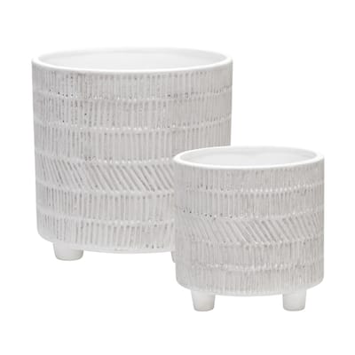 Off-white Ceramic Footed Planters with Etched Design (Set of 2)