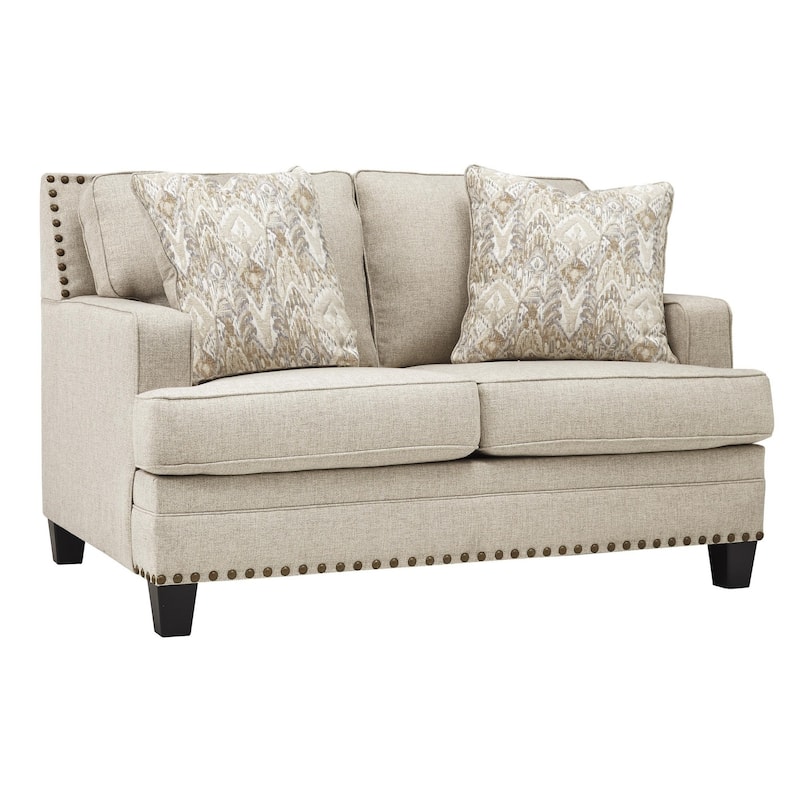 Nailhead Trim Fabric Upholstered Loveseat with Track Arms, Beige