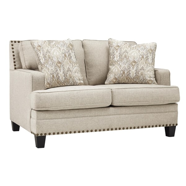 Nailhead Trim Fabric Upholstered Loveseat with Track Arms, Beige - Bed ...