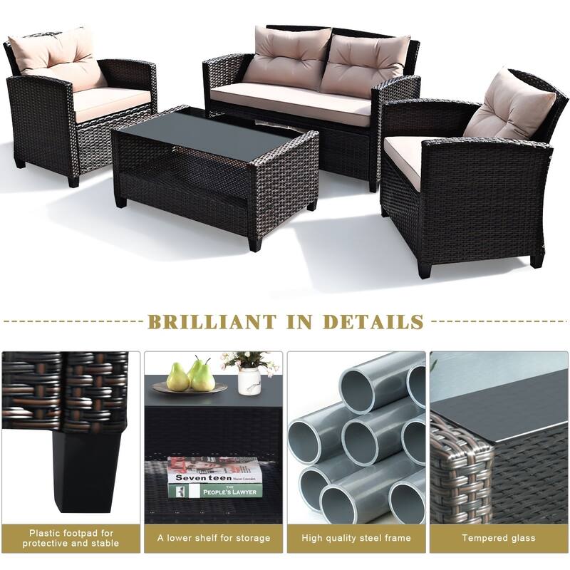Outdoor Rattan Conversation Set 4 Pieces Patio wicker Chairs and Table - Tan