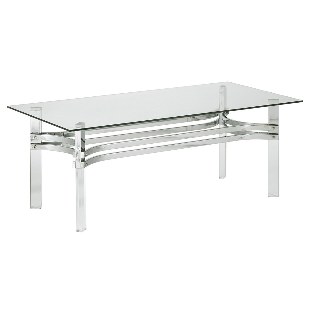 Overstock Rectangular Glass Top Cocktail Table with Straight Acrylic Legs, Clear and Chrome