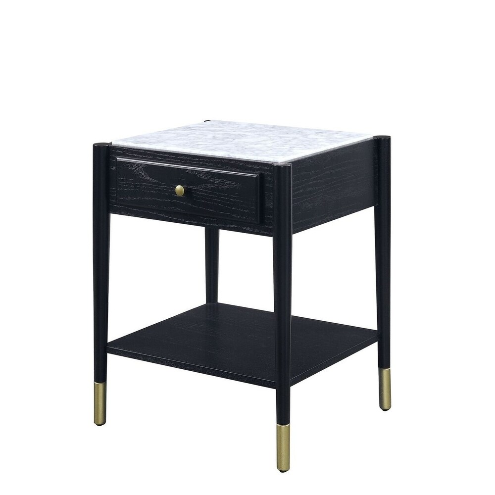 Overstock Marble Top End Table with 1 Drawer and 1 Bottom Shelf, Black and White