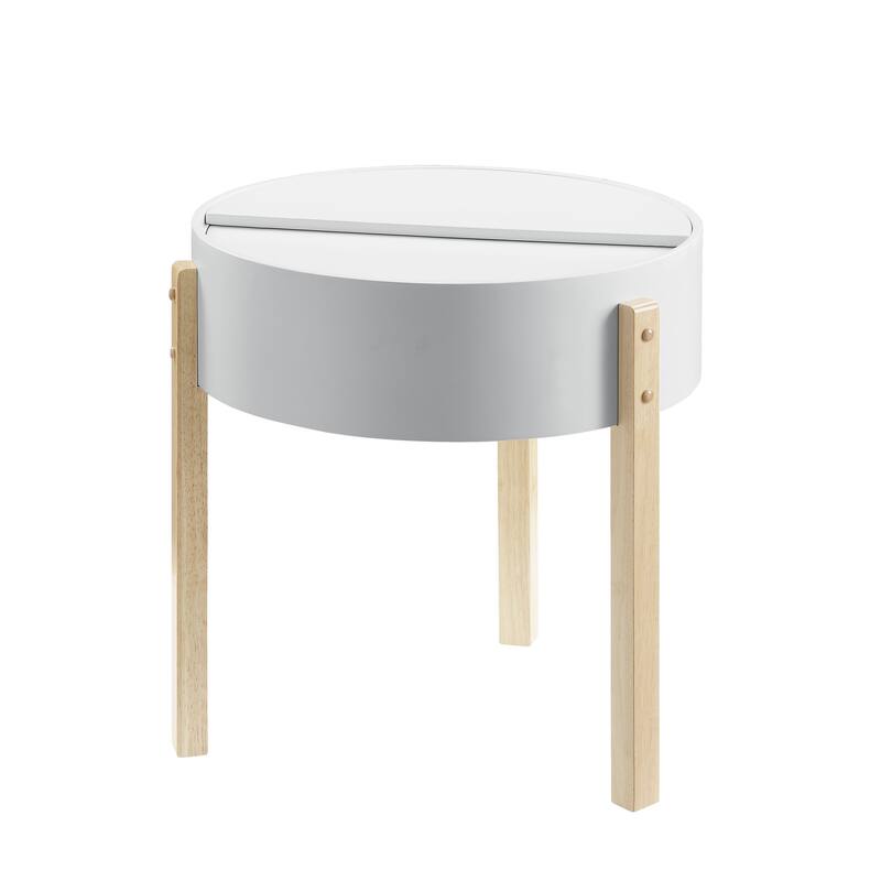 Round Wooden End Table with Hidden Storage, White and Brown