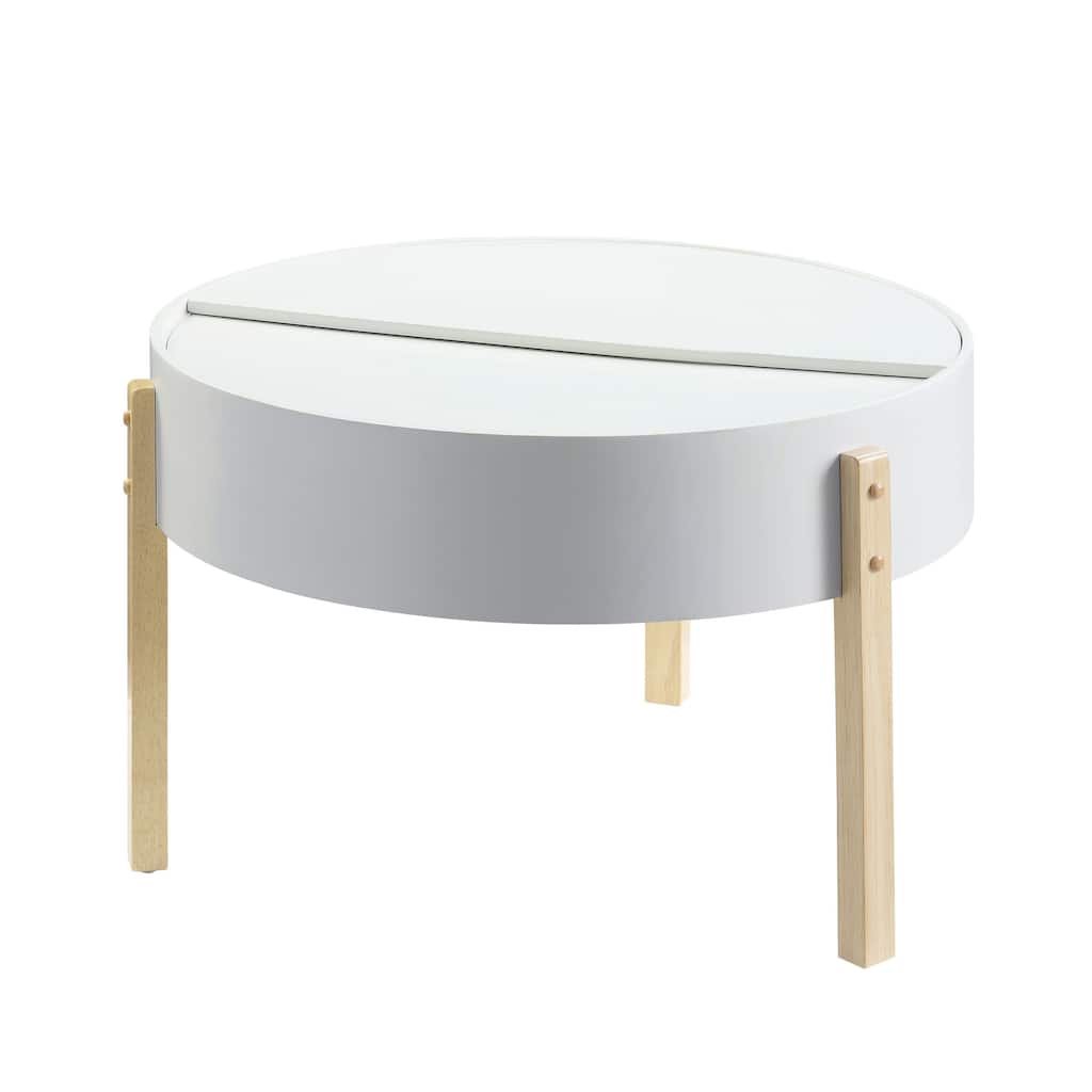 Round Wooden Coffee Table with Hidden Storage, White and Brown