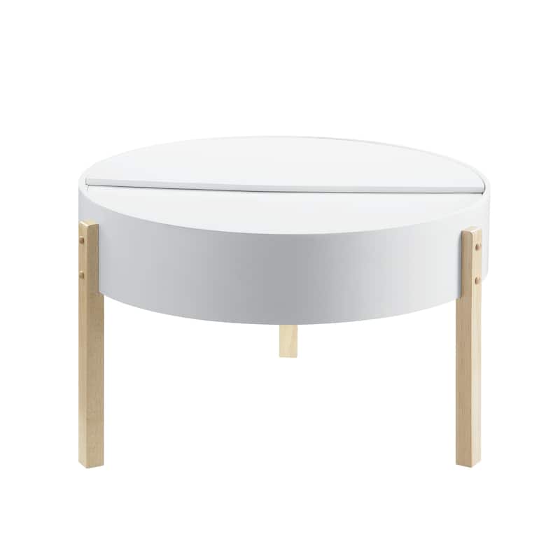 Round Wooden Coffee Table with Hidden Storage, White and Brown
