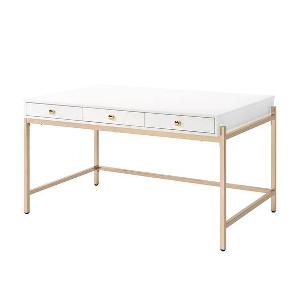 Wooden Desk With 3 Drawers And Metal Frame Glossy White And Rose Gold Overstock 30968305