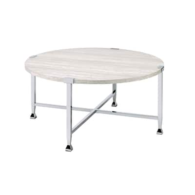 Coffee Table with X Shaped Metal Base and Round Wooden Top,Silver and Beige