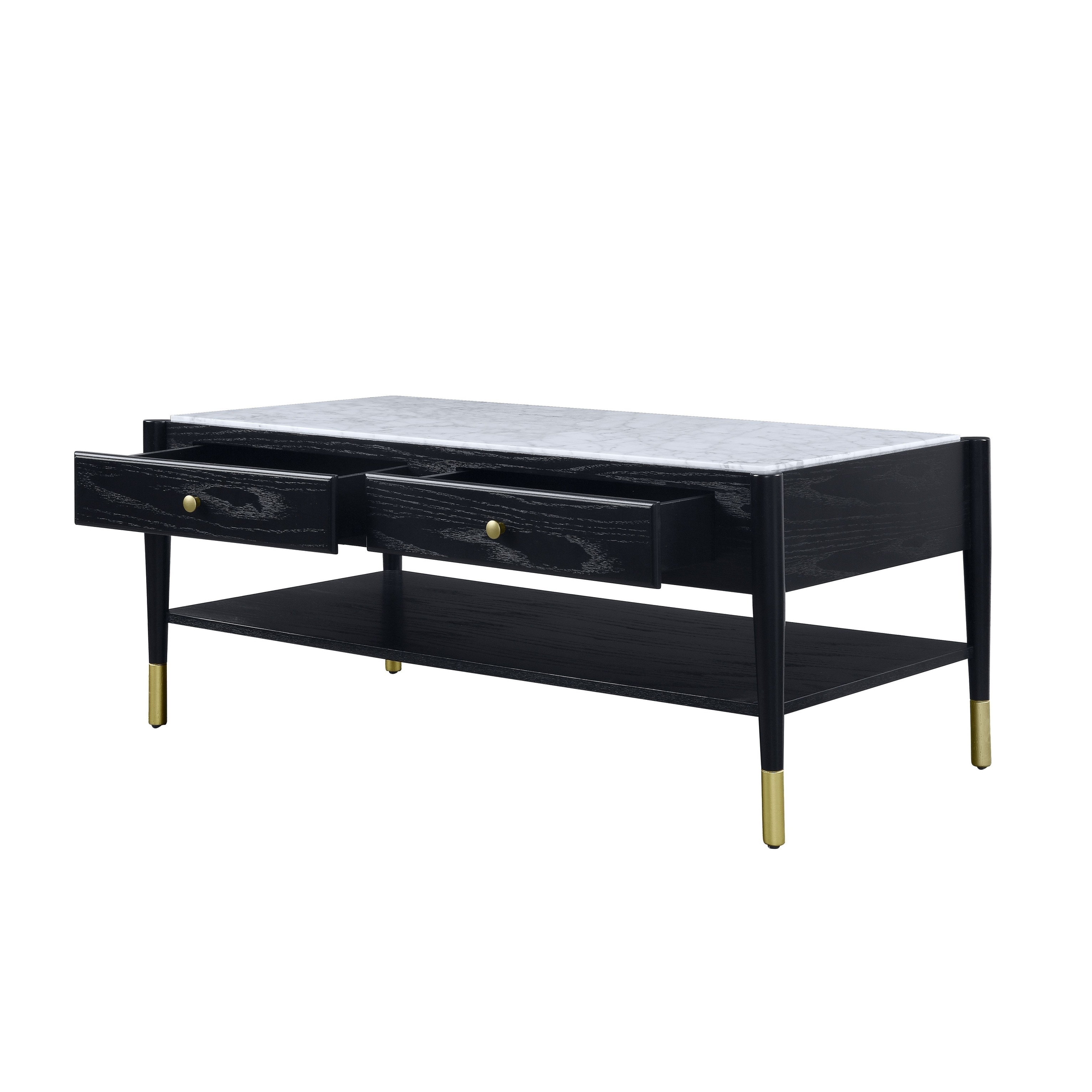 Marble Top Coffee Table With 2 Drawers And 1 Bottom Shelf