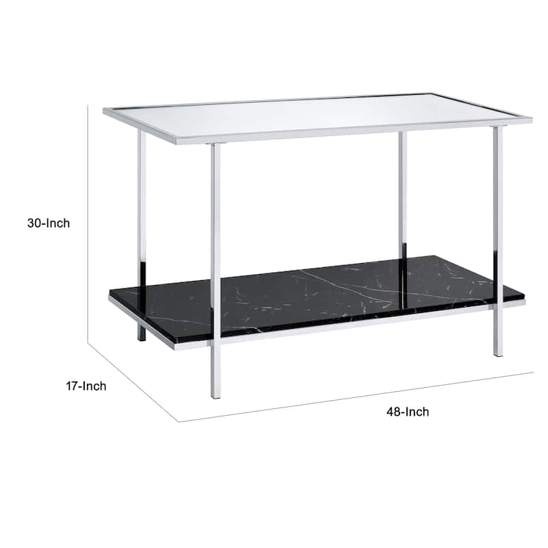 Console Table with Mirror Top and Faux Marble Open Bottom Shelf, Silver