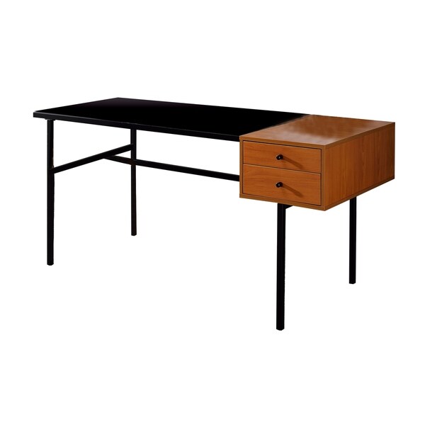 2 Drawer Desk with Wooden Table Top and Metal Frame, Black and Brown ...
