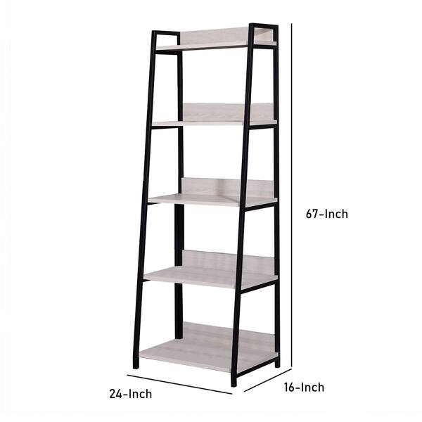 Wooden Frame Bookshelf with 5 Open Compartments, Washed White and Black