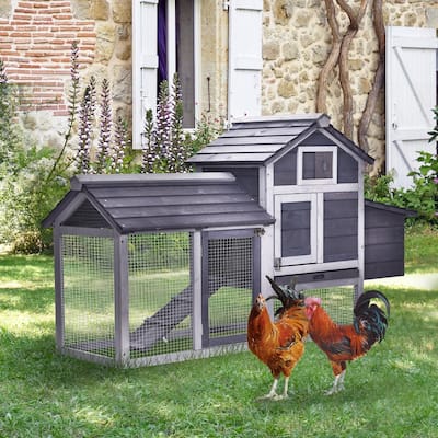 PawHut 59" Solid Enclosed Outdoor Backyard Chicken Coop Kit with Nesting Box,Grey