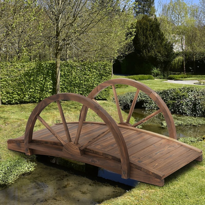 Outsunny 3.3ft Wooden Garden Bridge Arc Stained Finish Walkway with Half Wheeled Railings, Stained Wood - Wood - Brown