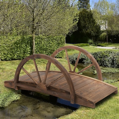 Outsunny 3.3ft Wooden Garden Bridge Arc Stained Finish Walkway with Half Wheeled Railings, Stained Wood