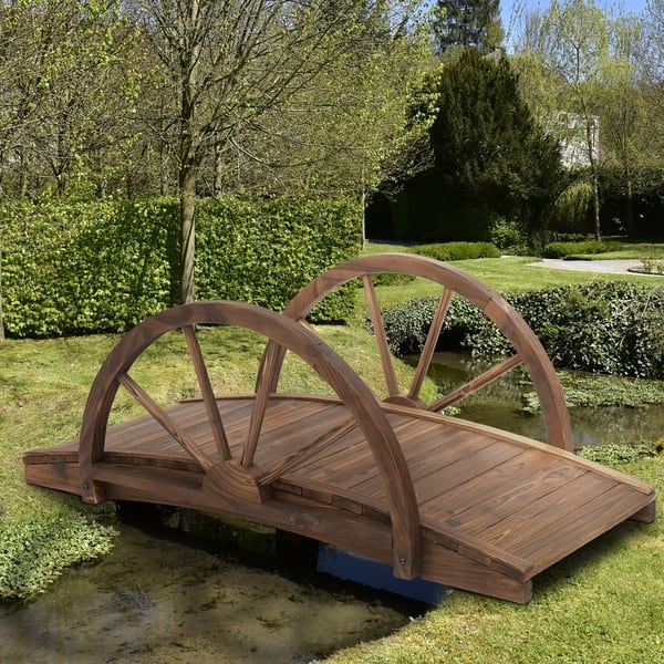 slide 2 of 5, Outsunny 3.3ft Wooden Garden Bridge Arc Stained Finish Walkway with Half Wheeled Railings, Stained Wood Wood - Brown