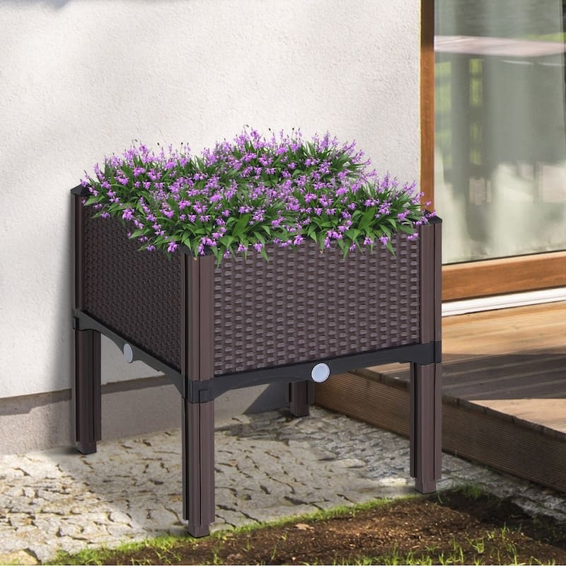 Outsunny Rattan Raised Garden Bed Outdoor Planter Box with Self-Watering Design, Compact Size, Lightweight Materials